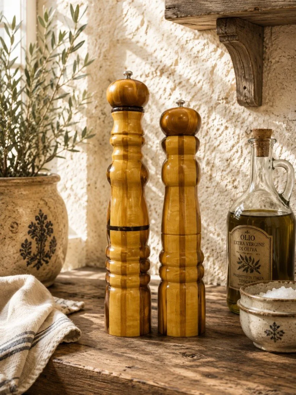 Rare Vintage Signed Sculptural Handcrafted Artisan Wood Salt & Pepper Mill Set